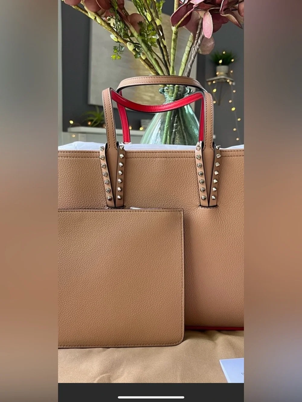 Christian Louboutin Cabata Tan Tote with Red Trim and Studded Handles